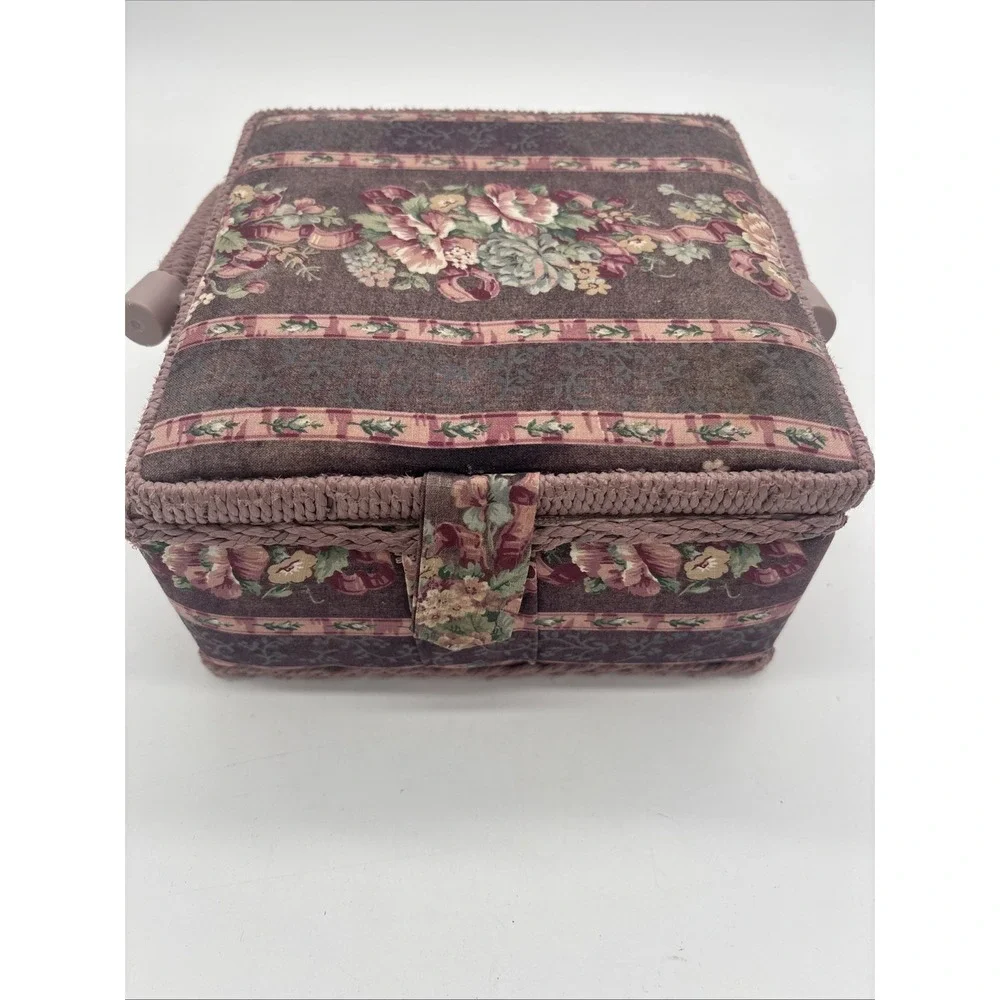 Floral Wicker Sewing Basket Box Vintage Granny Chic Pin Cushion Box